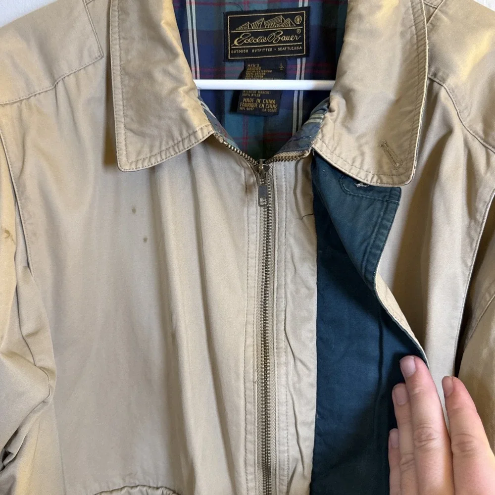 Vtg Eddie Bauer Sandstone Bomber Jacket Tan Plaid Lined Mens Large 90s Stained‎